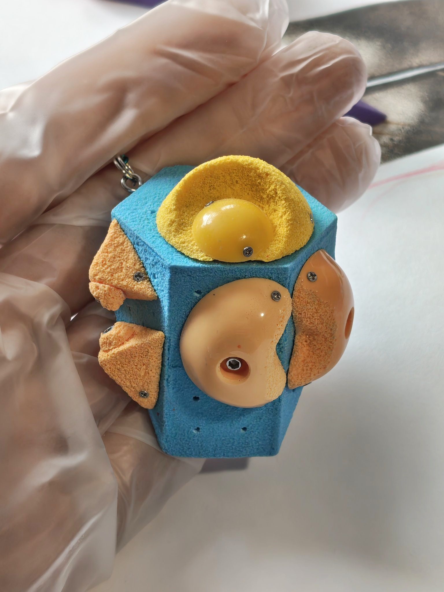 Turquoise miniature volume with orange and yellow holds